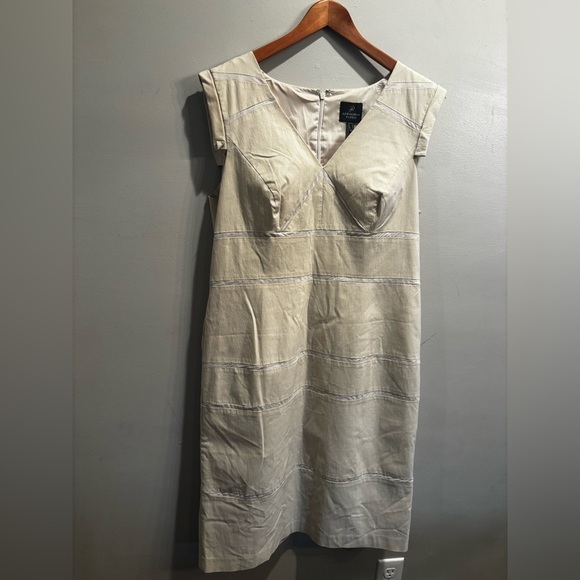 Adrianna Papell Beige Midi Dress with Subtle Stripes business casual cap sleeve - Picture 10 of 15